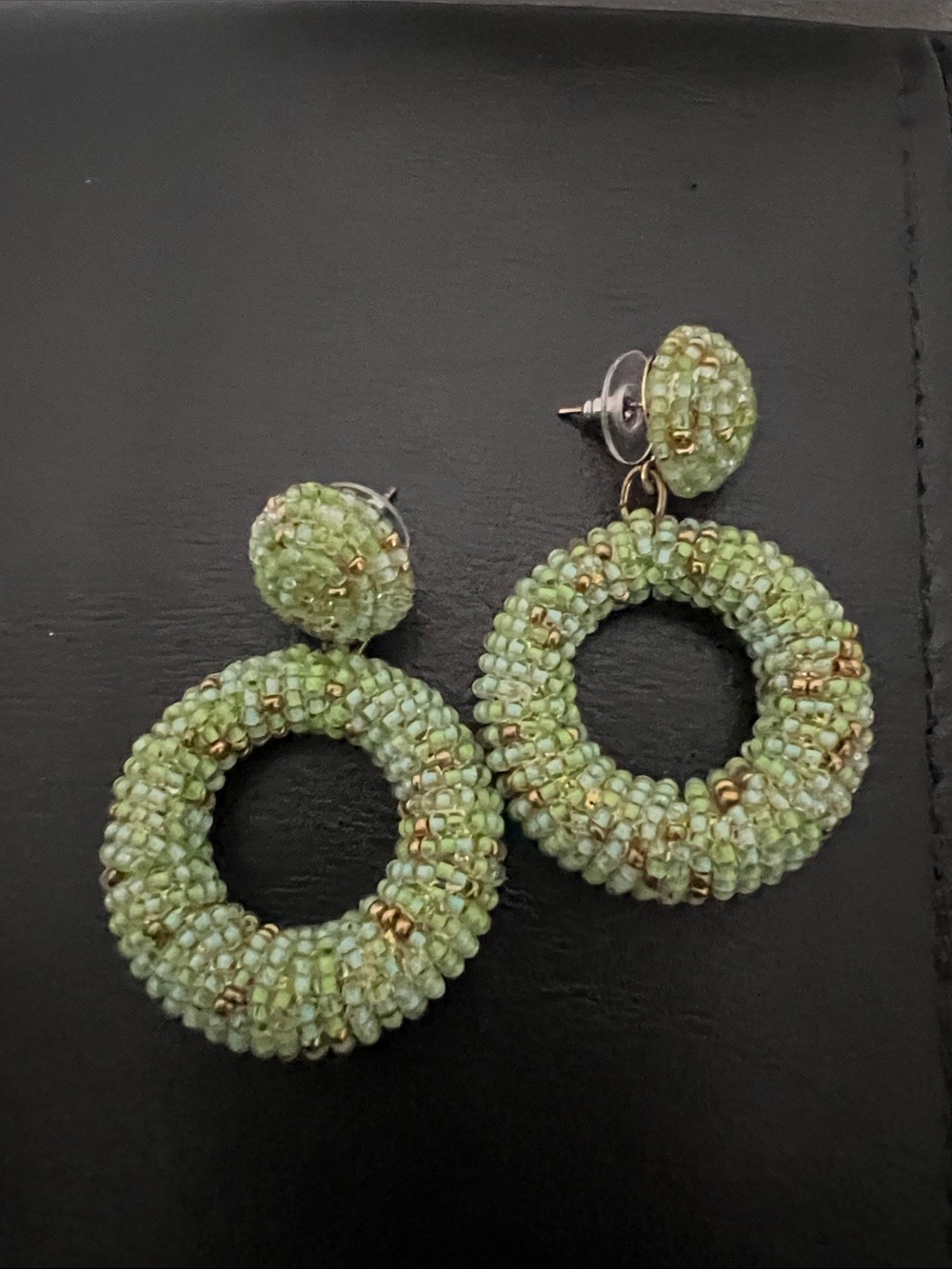 Handmade Light Green Beaded Hoop Drop Earrings